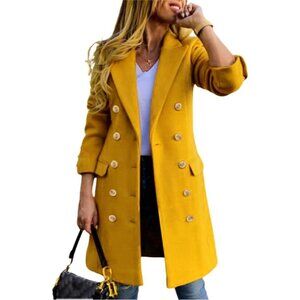 Womens Yellow Fall Winter Wool Coats Double Breasted Midi Peacoat Trench Coats